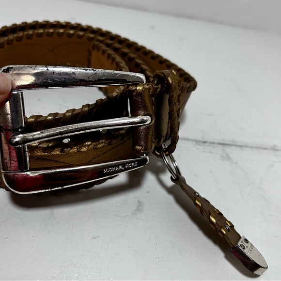 Michael Kors Gold Genuine Leather Silver Buckle belt Studded with key ring - Picture 2 of 12